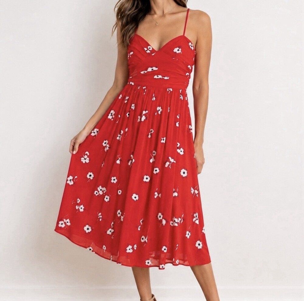 Bardot Red Floral Midi Dress Sweetheart Neck Fit & Flare Sundress Wedding Size 8
